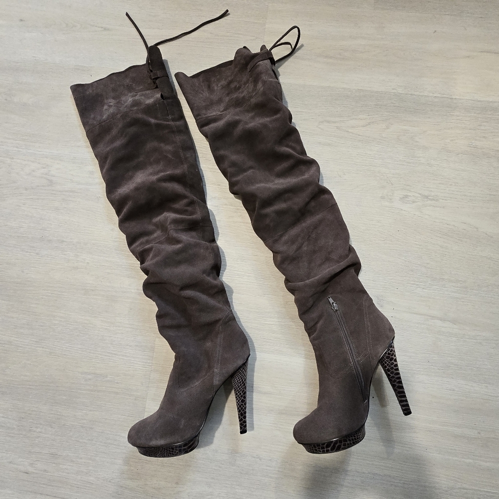 Gray Suede Over-the-Knee Platform Stiletto Boots Real Leather SZ 9B